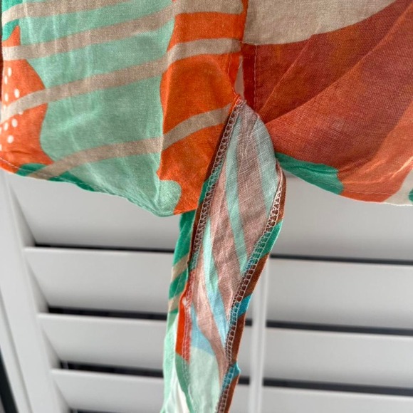 Women's blouse Orange and green linen tie-front top - Picture 3 of 8